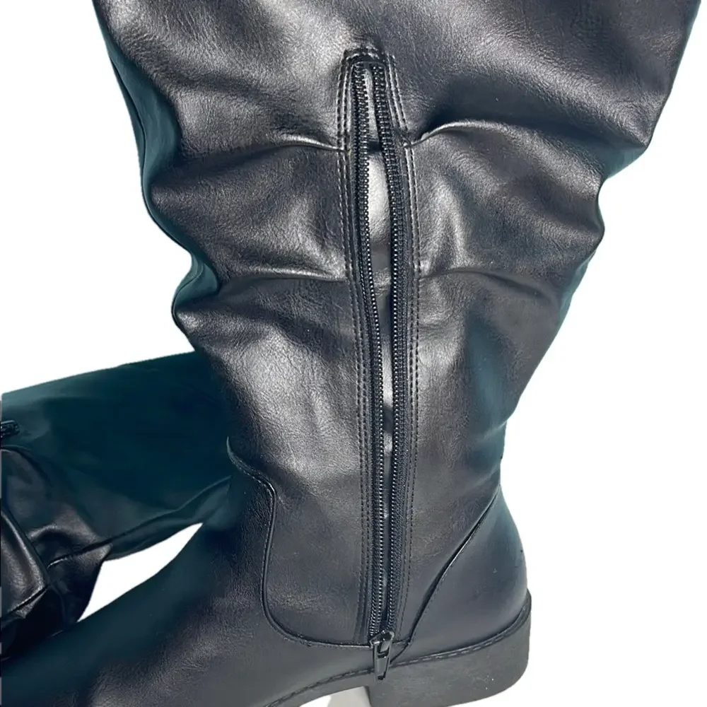 American Eagle Black Knee-High Riding Boots 8W Wide Zip Tall Low Heel Like New